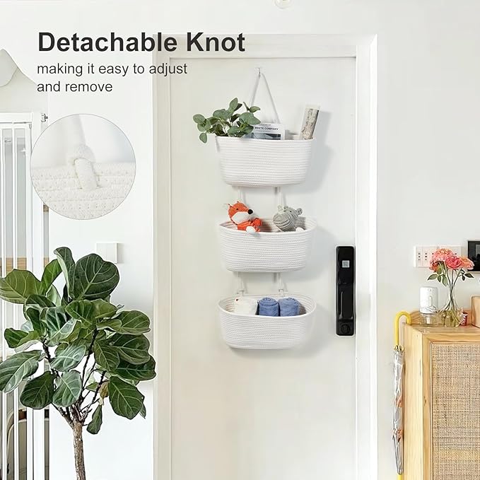 DULLEMELO Hanging Wall Baskets for Decor, 3-Tier Hanging Basket Organizer for Kitchen, White Woven Storage Basket with Door Hooks for Toy Storage
