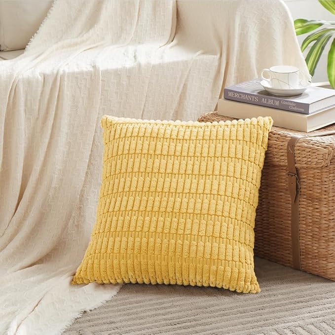 Fancy Homi 4 Packs Yellow Spring Decorative Throw Pillow Covers 18x18 Inch for Living Room Couch Bed Sofa, Rustic Farmhouse Boho Home Decor, Soft Striped Corduroy Square Cushion Case 45x45 cm