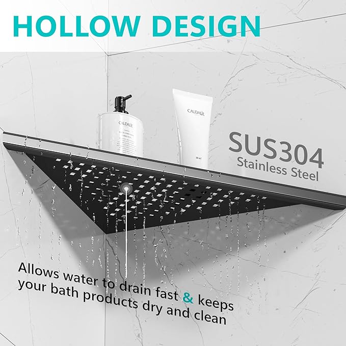 Bathroom Corner Shelf, Recessed 10" Shower Shelf Caddy, SUS304 Stainless Steel Shelf Wall Mount Triangular, No Drilling, Matte Black