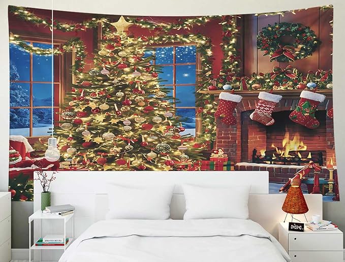 EMMTEEY Christmas Tree and Fireplace Warm Indoor Window Tapestry 60X50 Winter Backdrop for Wall Dorm Decor