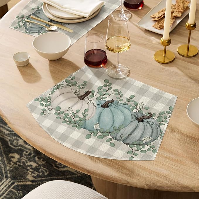 Artoid Mode Bule Buffalo Plaid Pumpkin Leaf Round Table Wedge Placemats Set of 4, Seasonal Fall Kitchen Dining Table Decoration for Indoor Party Home