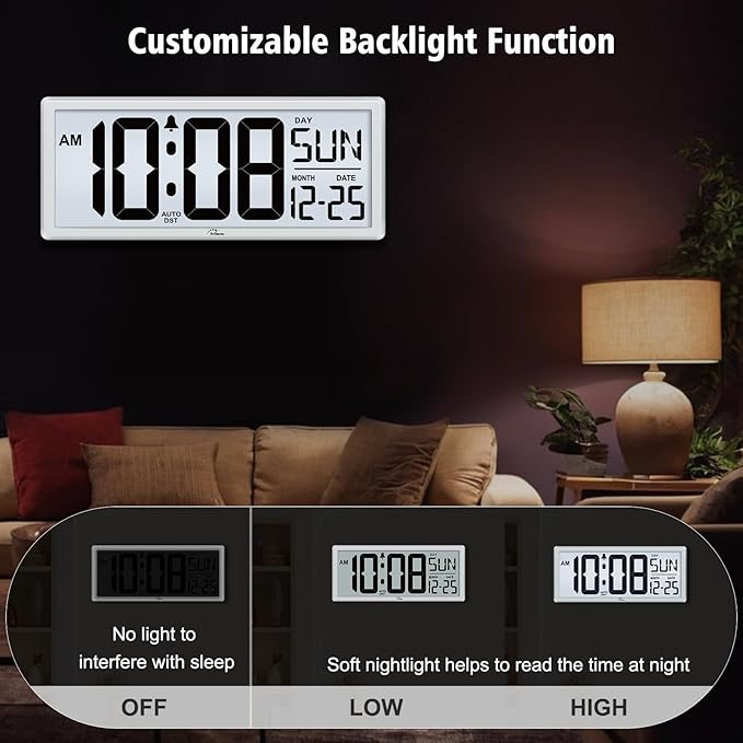 WallarGe Backlight Digital Wall Clock Battery Operated - with Temperature and Date 14.5'' Large Digital Wall Clock, Easy to Read and Set, Auto DST
