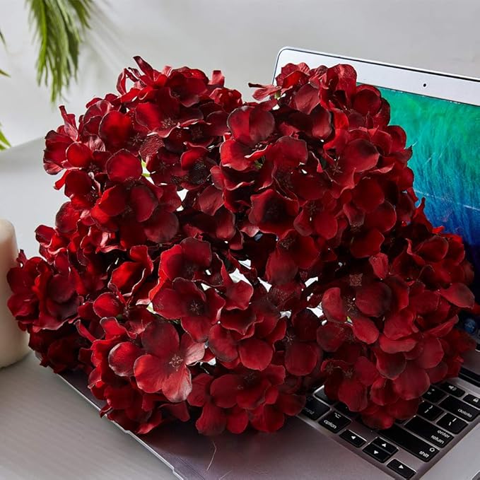 Hydrangea Silk Flowers Heads with 10 Stems Burgundy Artificial Hydrangea Flower Head for Wedding Centerpieces Bouquets DIY Floral Decor Home Decoration
