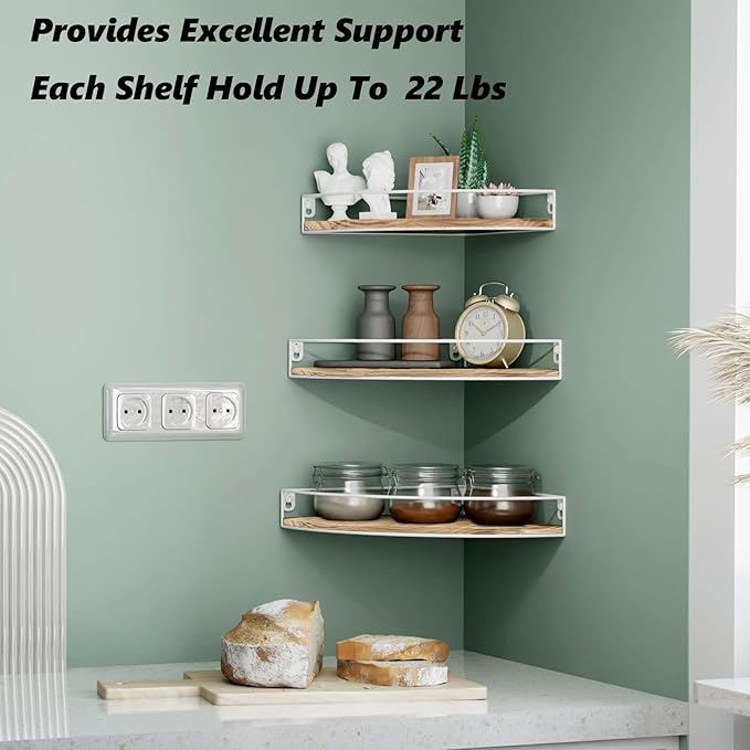 Corner Shelf Wall Mounted, Corner Floating Shelves for Wall, Wood Storage with Cable Hole for Kitchen Living Room Bedroom Bathroom, White Set of 3