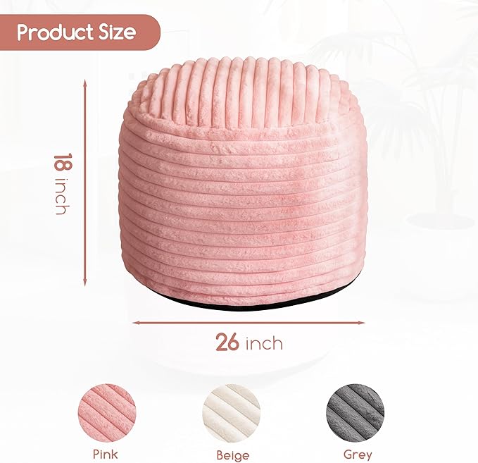 HIGOGOGO Round Stuffed Pouf Ottoman, Stripe Faux Fur Poufs with Foam Chunk Filling, Furry and Fluffy Pouf Foot Stool Storage Ottoman, 26 X 18 Floor Poufs Foot Rest for Living Room, Pink