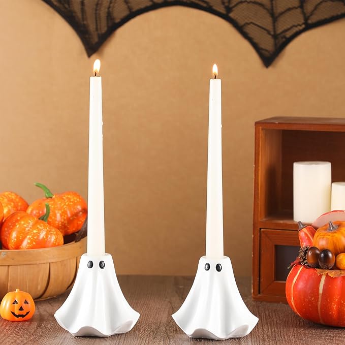 2 Pcs Halloween Ghost Candlestick Holders Cute Ghost Shape Candle Stick Holders Ceramic Taper Candle Holder for Halloween Wedding Party Holiday Office Home Decor Gift