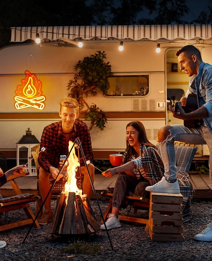 Happy Camper Campfire Neon Signs for Wall Decor - Camper Decor with 9-Level Brightness Adjustment, USB Powered Flame Neon Lights for Camping, RV, Trailer and Indoor Fire Decoration