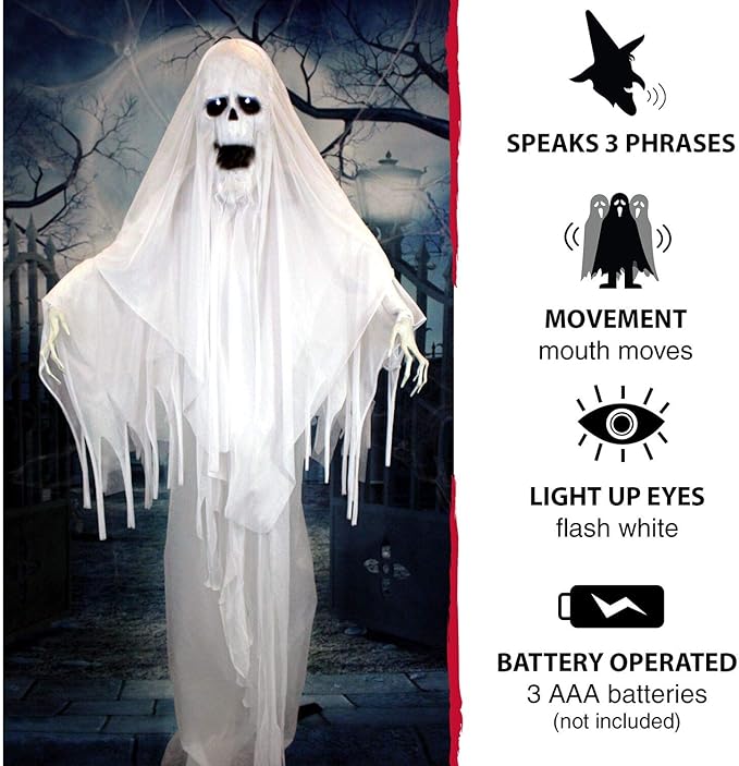 Haunted Hill Farm Life-Size Scary Talking Ghost Animatronic with Touch Activated Lights and Sound, Battery Operated Indoor or Covered Outdoor Decoration, Creepy Halloween Prop