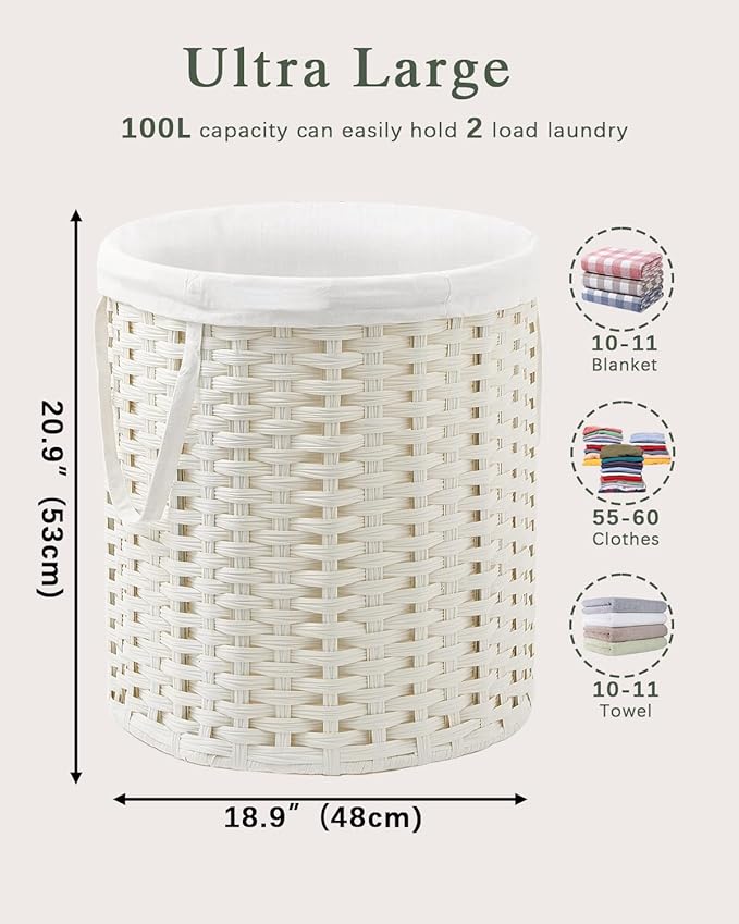 Laundry Hamper Round 26.5 Gal (100L) Handwoven Rattan Laundry Basket, Large Wicker Laundry Hamper with Removable Laundry Bag Handles 2 Mesh Bags for Bathroom Living Room White