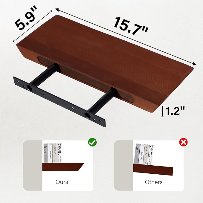 Wood Floating Shelves for Wall Set of 3, Wall Mounted Shelves for Living Room, Floating Wall Shelf for Bedroom, Bathroom, Room Decor, Brown
