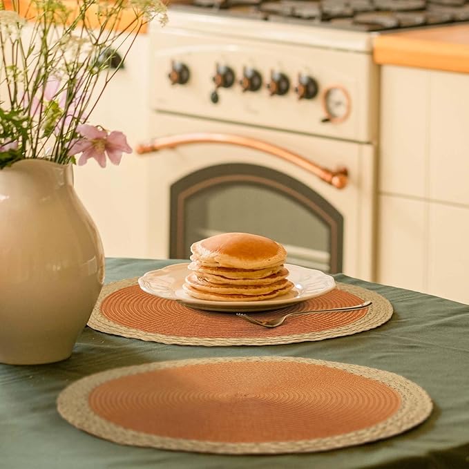 Noctiflorous Round Braided Placemats Set of 6 Table Mats 15 Inches Washable Heat Resistant for Dining Table Non-Slip Indoor Outdoor Place Mats for Thanksgiving Christmas Easter(Orange Wide Edge 6)