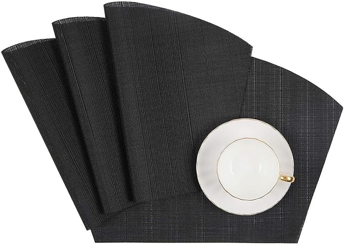 SHACOS Small Round Table Placemats Wedge Placemat Set of 4 Non Slip Heat Resistant Woven Vinyl Table Mats Wipe Clean Indoor Outdoor (4, Black)