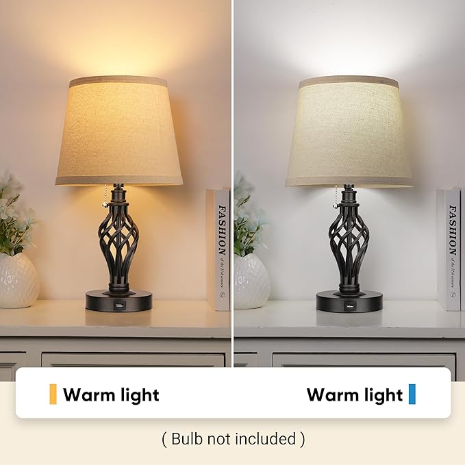 PARTPHONER Table Lamps Set of 2, Farmhouse Bedside Lamps with USB Ports, Nightstand Lamp Cream Drum Shade Spiral Cage Base Desk Lamps for Living Room Bedroom Study Room without Bulb