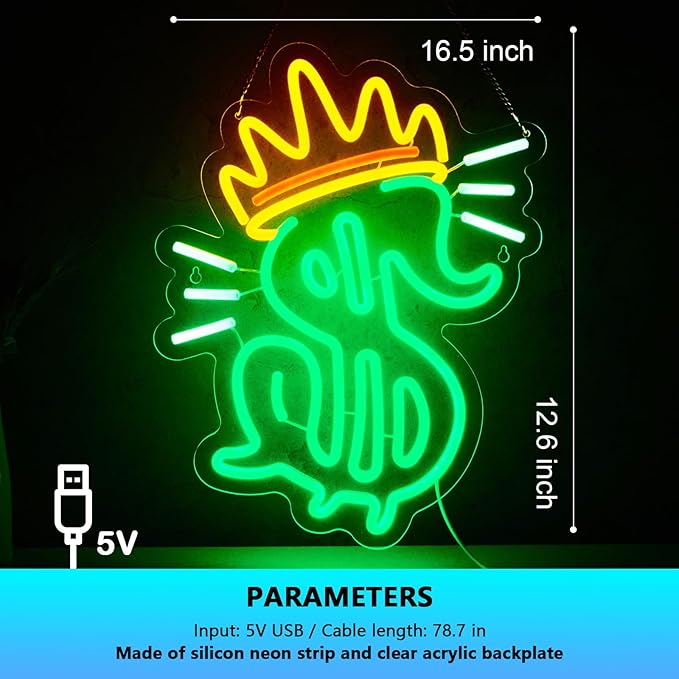 Money Sign Neon Sign Dollar Neon Sign for Wall Decor Dollar with Corwn USB Dimmable LED Neon Lights for Beer Bar Kitchen Restaurant Home Bar Pub Tavern Party Man Cave Club Shops Hotel Store Business Gift