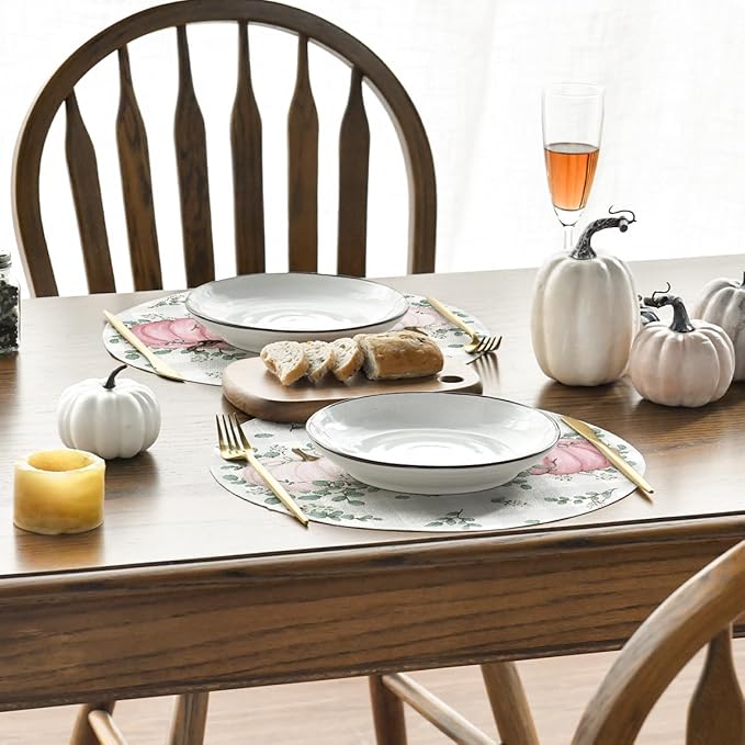Artoid Mode Pink Pumpkins Fall Round Placemats Set of 4,14 Inch Eucalyptus Thanksgiving Seasonal Round Place Mats for Party Dining Decoration