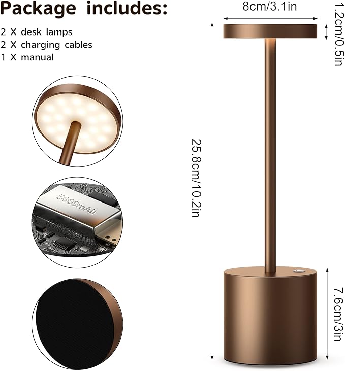 2Pack Cordless Table Lamp, Rechargeable LED Battery 5000mAh Metal USB Portable Powered Desk Lamp, 3 Levels Brightness Light for Restaurants Outdoor (2 Pack 10.25in Coffee)