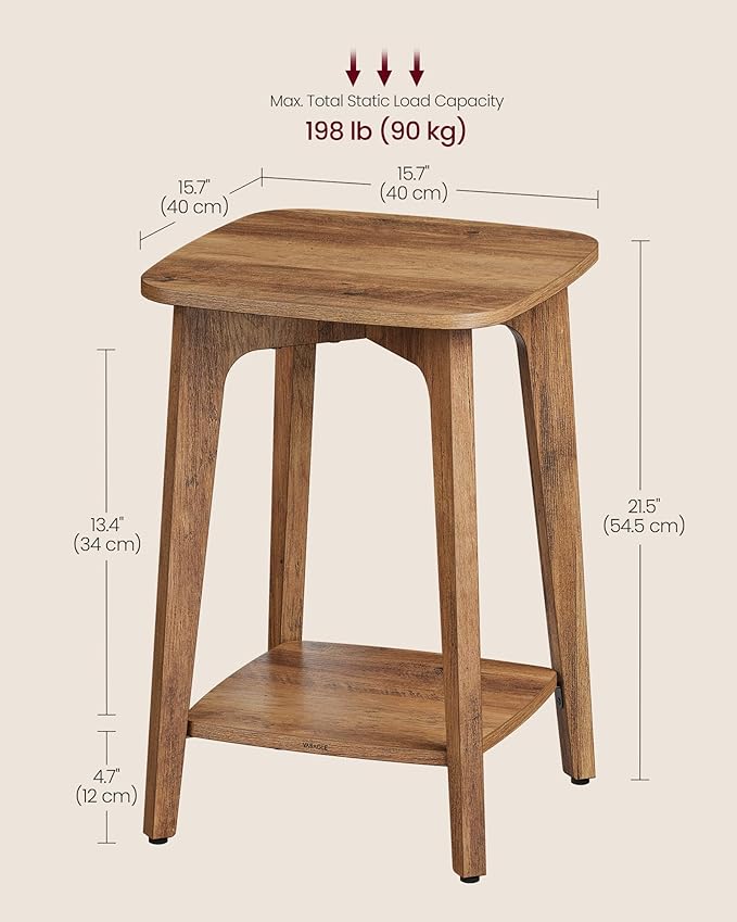 VASAGLE Side Table, Small Square End Table with Lower Shelf, Nightstand for Small Spaces, Living Room, Bedroom, Honey Brown ULET236K01