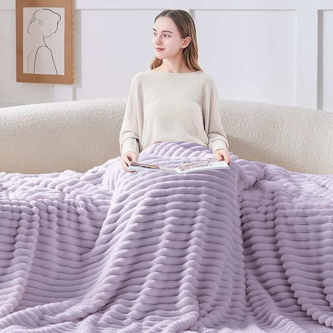 BEDELITE Twin Blanket for Couch & Bed, 300GSM Soft & Warm Fleece Blanket, Decorative and Giftable Striped Lavender Fog Blankets for Women, Men, 60"x80"