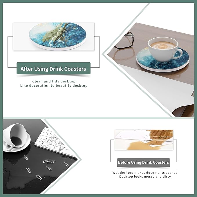 Drink Coasters with Holder, Ceramic Drink Coaster Sets of 6, Marble Blue Ocean Style Absorbent Ceramic Coasters with Cork Base for Home Decor, Kitchen, Gift, Bar, Coffee Table(4 Inches)
