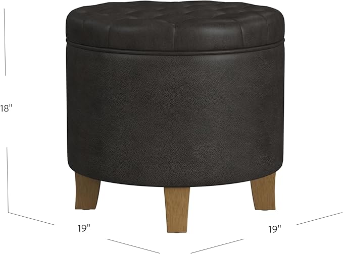 HomePop Home Decor | Upholstered Round Faux Leather Tufted Foot Rest Ottoman | Ottoman with Storage for Living Room & Bedroom | Decorative Home Furniture, Black Faux Leather
