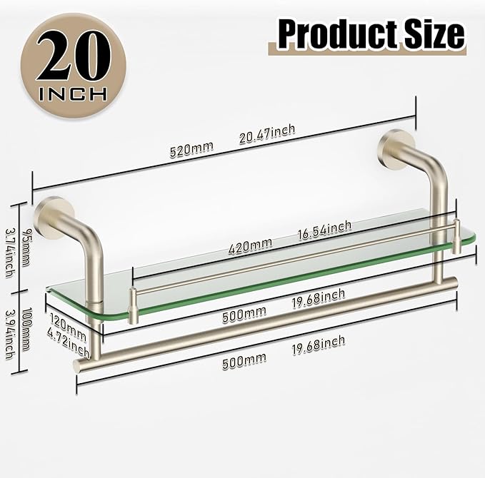 Glass Shelves for Bathroom with Towel Bar/Rack 20" Tempered Glass Shelves with Stainless Steel Towel Holder for Wall Shelf Sink Over Toilet (Brushed Nickel)