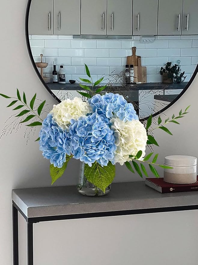 YalzoneMet 4Pcs Light Blue Hydrangea Artificial Flower Natural Lifelike Real 21 inch Long Stem Hydrangea Latex Flower Bouquets for Home Party Outdoor Wedding Table Centerpiece Decor
