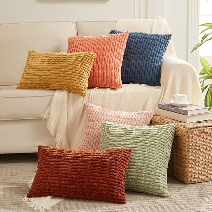 Fancy Homi 4 Packs Boho Coral Decorative Throw Pillow Covers 20x20 Inch for Living Room Couch Bed Sofa, Rustic Modern Farmhouse Home Decor, Soft Plush Corduroy Square Peach Cute Cushion Case 50x50 cm