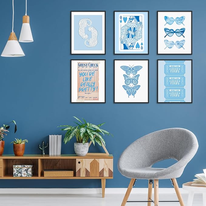 Habseligkeit Cute Blue Wall Art Prints, Butterfly Wall Decors for Room Aesthtic, Abstract Posters for Girls' Bedroom Wall Decor Aesthetic Unframed, 8X10in, Set of 6