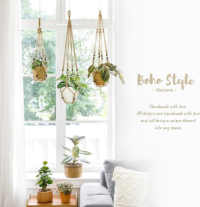 Mkono 3 Pack Macrame Plant Hangers Indoor Different Size Hanging Planter Basket Flower Pot Holder with Beads No Tasselss 43"/35"/29", Large, Brown