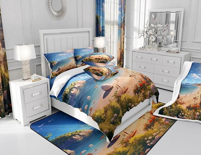 Feelyou Beach Shower Curtain Kids Beach Ocean Fabric Shower Curtain Nutrue Theme Bathroom Waterproof Accessories with 12 Hooks for Women Men Summer Holiday Curtains,72x78 Inches