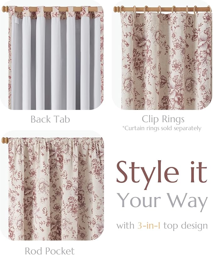 jinchan Blackout Linen Blend Curtain Floral Blackout Curtains for Living Room 90 Inch Length Brick Red Printed with Lined Blackout Curtain for Bedroom Farmhouse Curtains Set 2 Panels