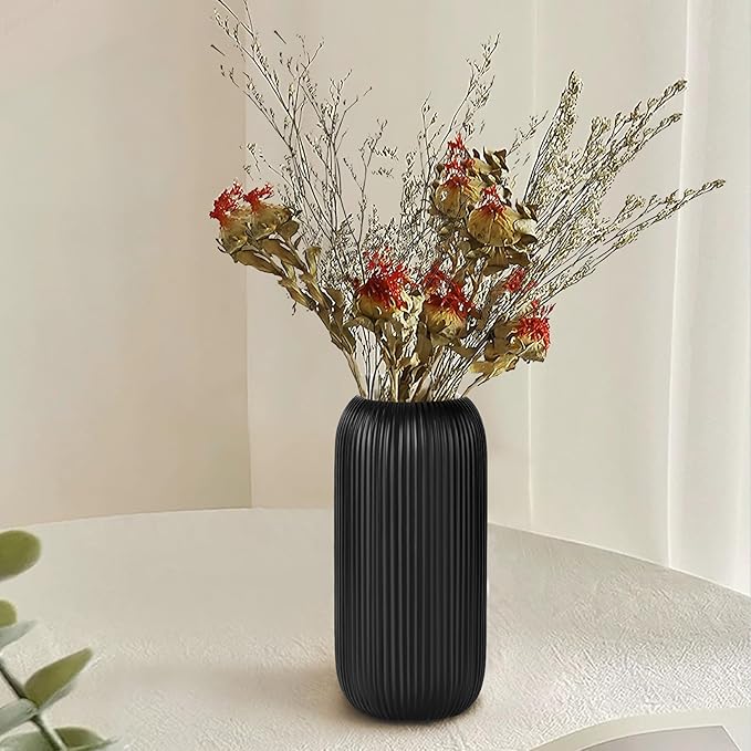Matte Black Ceramic Vase for Flowers, 8 INCH Modern Small Ribbed Textured Matte Black Flower Vase for Home Decor, Pampas Grass, Decorative, Farmhouse, Coffee Table, Bookshelf and Home Living