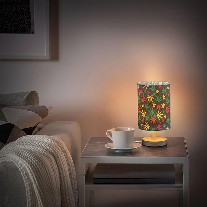 Table Lamp Colorful Marijuana Cannabis Hemp Leaf Red Yellow Green Color Print Nightstand Lamp with Wood Base Fabric Lamp Shade Bedside Desk Lamp for Living Room Bedroom Kids Room Office