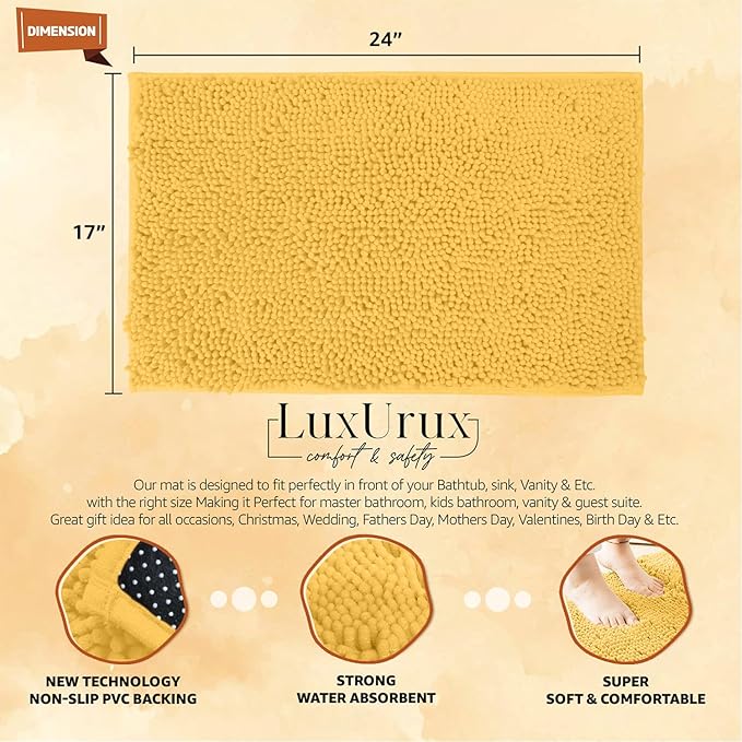 LuxUrux Bathroom Rugs Sets 2 Piece - Plush Bath Mat Set Quick-Dry Soft Chenille Bathroom Mat with Rubber Backing, Absorbant Bathroom Rug Set, Washable.(17 x 24, Yellow)