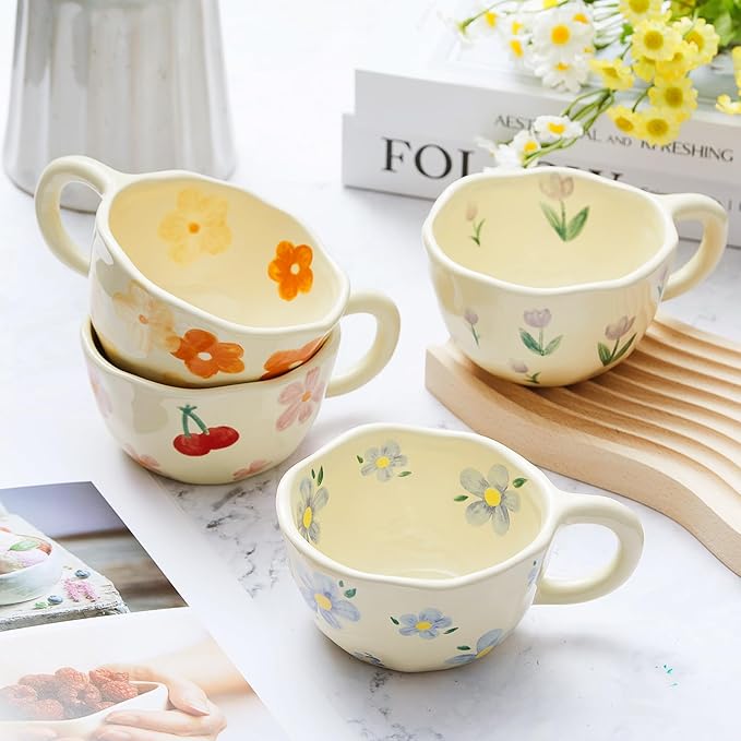 Vesici 4 Styles Cute Ceramic Flower Coffee Mug Set 8. 5 oz Vintage Aesthetic Porcelain Floral Tea Coffee Cup with Handle Dishwasher Microwave Safe for Woman Girls Gifts