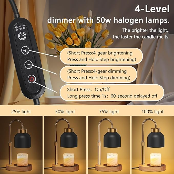Candle Warmer Lamp with Timer and Dimmer and 2 Bulbs, Height and Brightness Adjustable, Black Electric Wax Warmer for Women Mom, Best Birthday and House Warming Gift New Home Decor