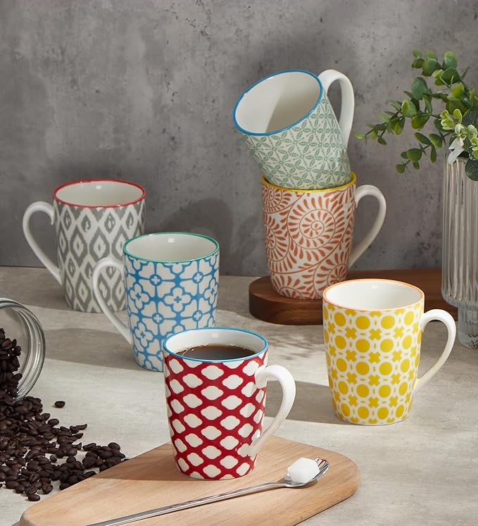 ONEMORE Coffee Mugs Set of 6, 12 oz Ceramic Coffee Cup with Handles, Porcelain Mugs for Latte Cappuccino Tea Cocoa, Microwave Dishwasher Safe, Aesthetic Home Office Cups for Women Men (Assorted Color)