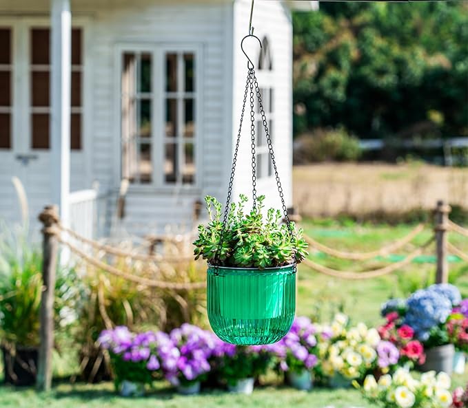 Melphoe 2 Pack Self Watering Hanging Planters Indoor Flower Pots, 6.5 Inch Outdoor Hanging Basket, Plant Hanger with 3Hooks Drainage Holes for Garden Home (Emerald)