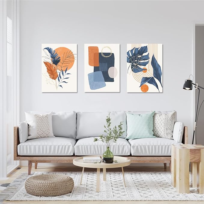 Boho wall art painting Set of 3, 12"x16" Mid Century Modern Wall Decor Framed Canvas Print Minimalist Wall Art Geometric Abstract Modern Neutral Boho Wall Art Decor for Living Room Bedroom Bathroom