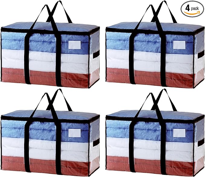 TAILI Extra Large Moving Bags, 4 Pack Clear Heavy Duty Totes For Storage with Visible Window, Wrap Around Handles, Storage Bags for Space Saving, Alternative to Moving Boxes
