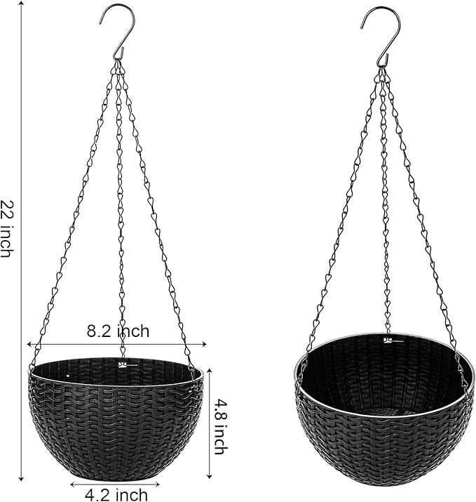 Foraineam 4 Pack Black Hanging Planters, 8.2 inch Hanging Flower Basket Planter Pots, Garden Plant Pot Container, Balcony Patio Hanging Basket Planters with Drainage Hole for Indoor and Outdoor Use