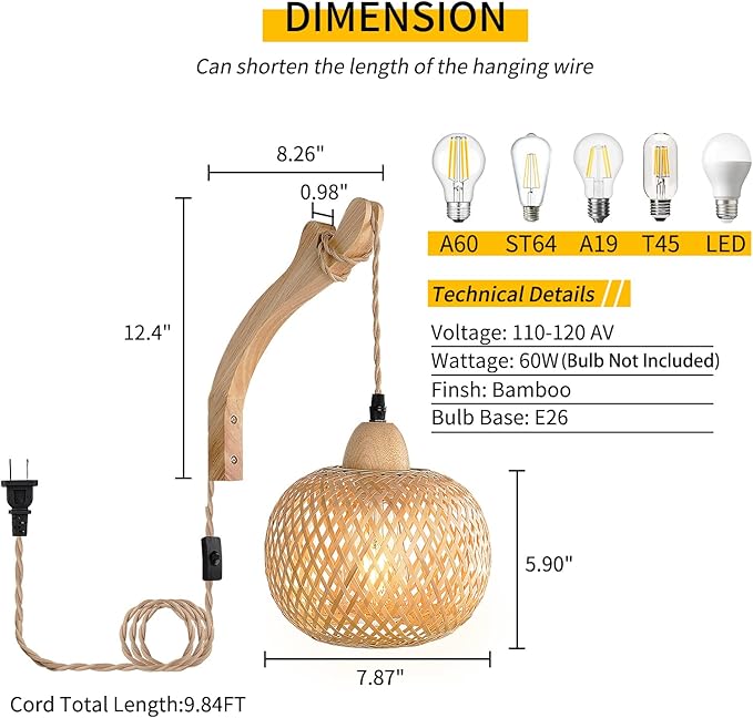Frideko Bamboo Lantern Plug in Wall Sconces Wicker Wall Lamp with Plug in Cord Hand Woven Rattan Wall Light Farmhouse Rustic Wall Sconces Boho Sconces Wall Lighting for Living Room Bedroom
