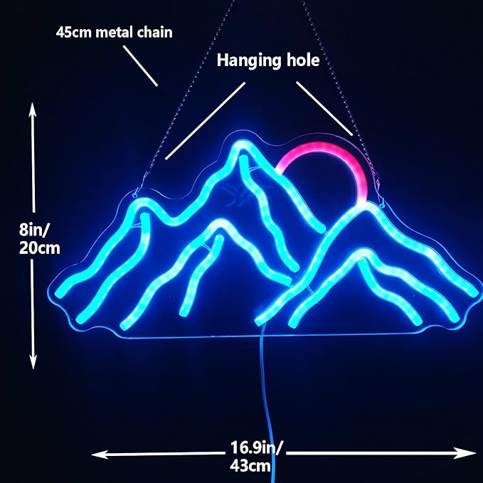 Dimmable Mountain Neon LED Light Sign, 16.9’’*8’’ Sunrise & Sunset for Bedroom, Living Room, Hotel, Wall Decor Christmas Gift (Ice Blue,Red)