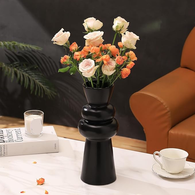 Black Floor Vase, Black Ceramic Vase for Home Decor, Modern Farmhouse Vases, Boho Tall Floor Vases for Living Room, Dining Table, Office, Shelf Decor, 13 Inches