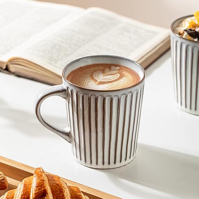 13oz Vintage Ceramic Coffee Mugs,Embossment Mugs,Tea Cups with Handle for Office and Home, Coffee Cups for Men and Women, Dishwasher and Microwave Safe. (Grey)
