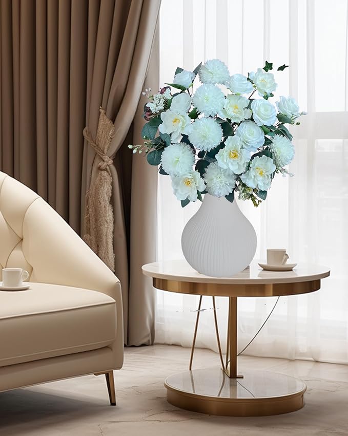Premium Artificial Flowers, White Silk Flower Bouquets, Ivory Fake Flowers Decoration, Faux Floral Arrangements for Wedding Bridal Bouquets, Home Decor, Baby Shower, Table Centerpieces