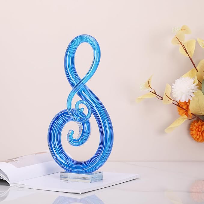 13" H Large Murano Glass Sculpture Blue Hand Blown Glass Figurines Art Music Decor, Modern Blue Glass Decor Crystals Sculpture Statue - for Luxury Home Living Room Office Console Table Decor