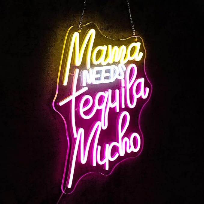 Mama Needs Tequila Mucho Neon Sign for Wall Decor Dimmable Led Lights Signs Letters LED Neon Signs for Pub Yellow Neon Light Pink Room Decor for Club Bistro Home Bar Party Decoration Gift
