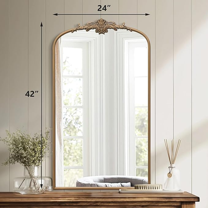 Antaque Baroque Arched Mirror: 24"x42" Gold Vintage Wall Mounted Mirror - Traditional Ornate Metal Frame - Ideal for Entryway/Living Room/Hallway/Bathroom