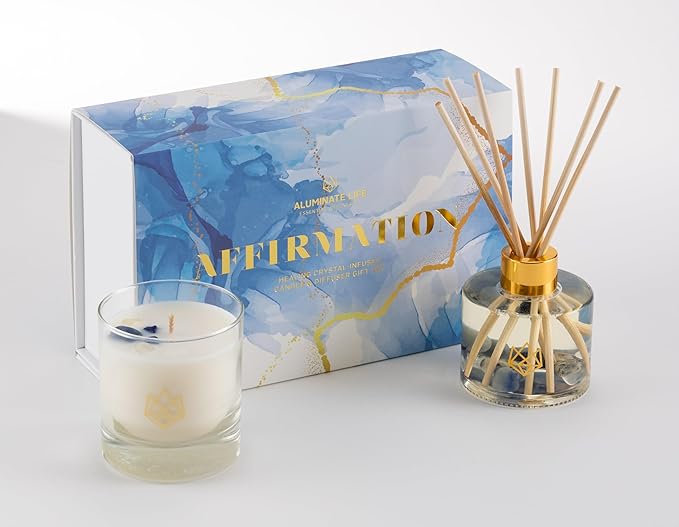 Luxury Candle & Diffuser Set, Affirmation - Blue Quartz, Sodalite, Clear Quartz Crystal Infused - Scents of Eucalyptus, Tobacco, Sequoia, & Musk - Empowerment, Confidence, Optimism